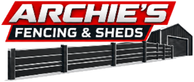 Archie's Fencing & Sheds logo: a red banner above a charcoal slat fence and shed